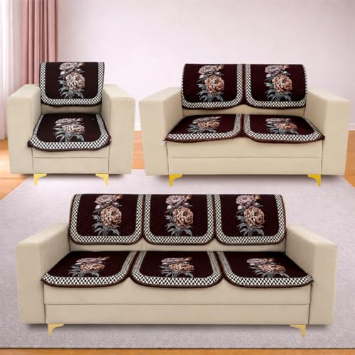 Image of Homerz 'Brooklyn Series' Premium Sofa Cover | Quilted Floral Design | Non-Slip Washable Sofa Protector | Soft Anti Slip Fabric (Ny Brown, 6 (3+2+1) Seater, Seat Cover with Backrest)