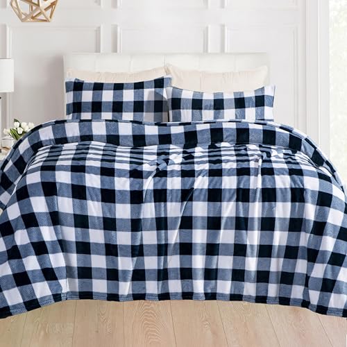 Image of Elegant Comfort Velvet Plush Flannel Sheet Set, King, Buffalo Navy
