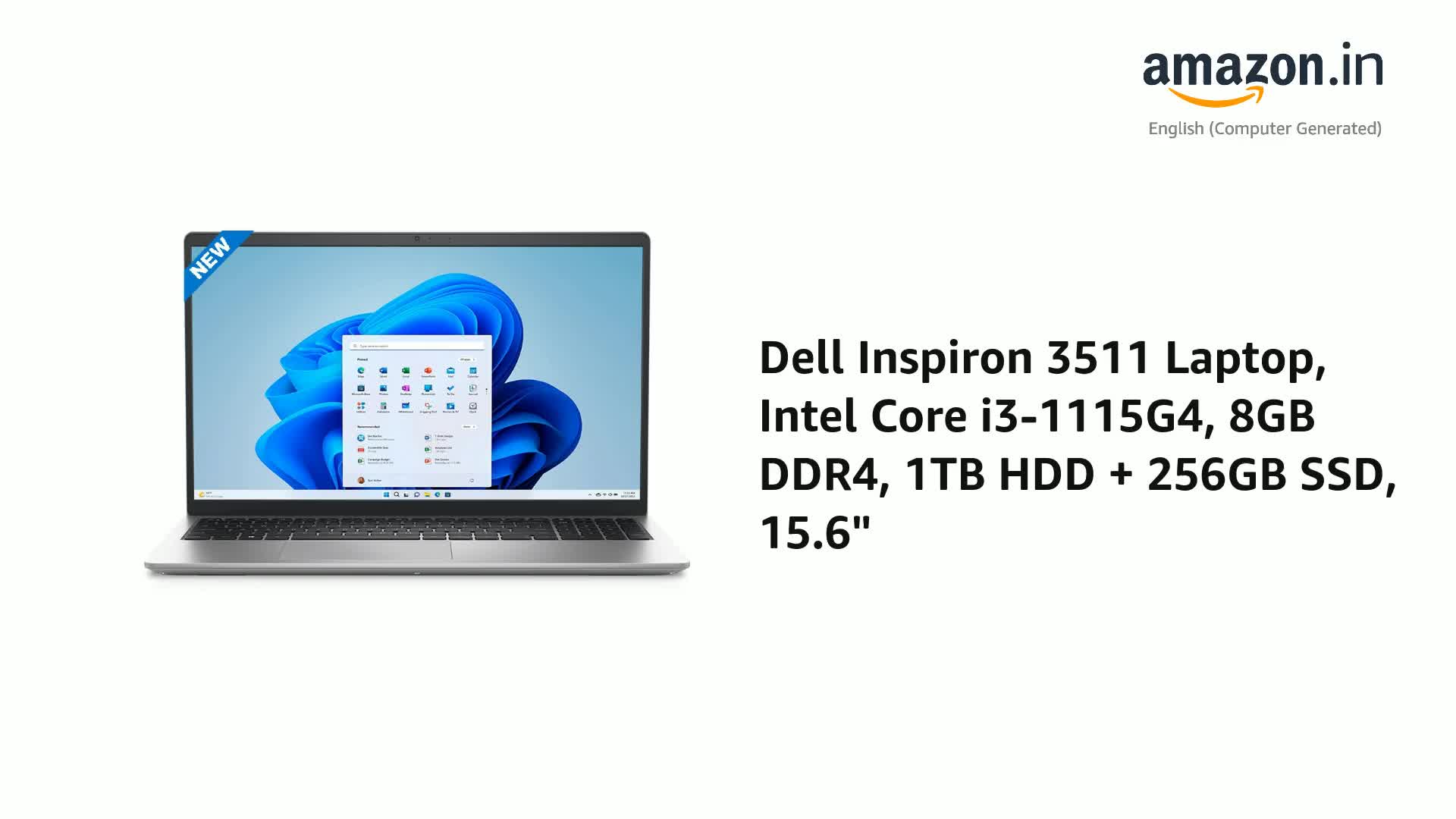 Dell Inspiron 3511 Laptop, Intel Core i3-1115G4, 8GB DDR4, 1TB HDD
