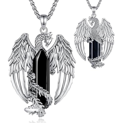 EUDORA Phoenix Obsidian Necklace for Women Men Silver plated copper Vintage Viking Celtic Flaming Phenix Pendant Obsidian Amulet Jewelry Gifts for Women Men 20+2