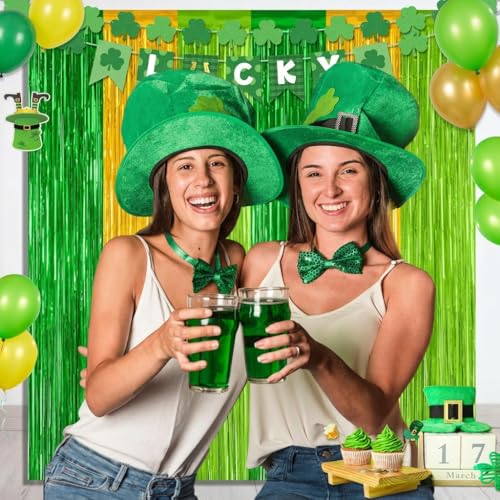 Image of Green Gold Light Gold Fringe Curtain Party Streamers 2Pack 3.3 x 8.3 Ft Foil Fringe Backdrop Curtains for Birthday Wedding Bridal Holiday Tinsel Streamers Green Party Decorations Door Streamer