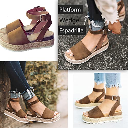 Athlefit Women's Platform Sandals Espadrille Wedge Ankle Strap Studded Open Toe Sandals Size 8 Brown #TOP3