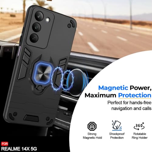 Image of AESTMO Realme 14X 5G Back Case Cover | Tough Armor Bumper | Ring Holder & Kickstand in-Built | 360 Degree Protection Cover for Realme 14X 5G (Black)
