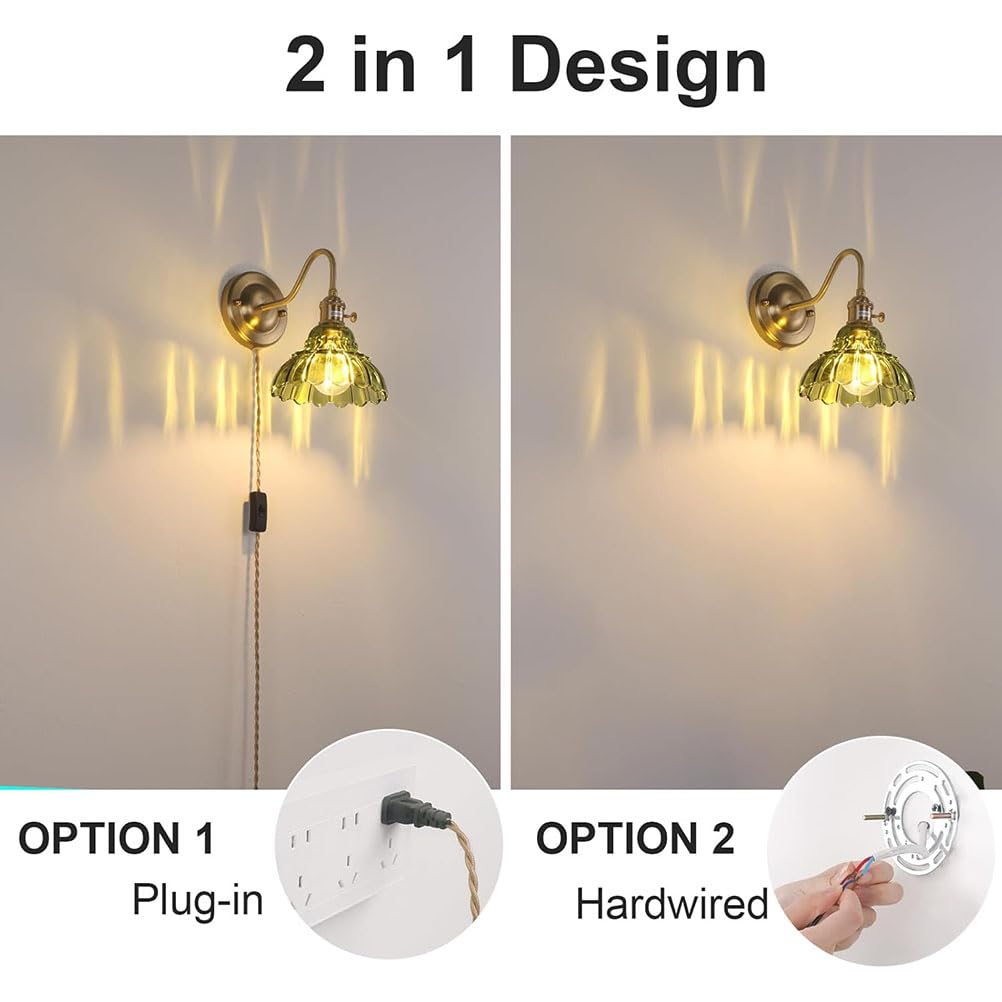 AoLa Vintage kinkiet z włącznikiem i wtyczką, mosiężna lampa ścienna E27 z regulowanym kablem o długości 150cm Zielone kryształowe oświetlenie ścienne Złota lampa dekoracyjna motywem kwiatów,2 Stück
