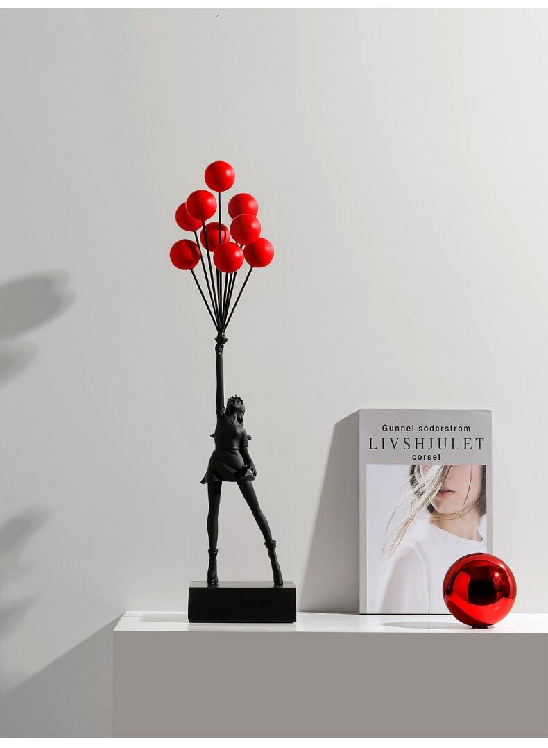 Statua artistica a forma di bambina con palloncino volante, in resina, decorazione per la casa e il soggiorno (rosso nero)