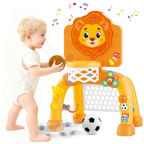 2 in 1 Basketball Hoop and Soccer Goal Set, Toddler Sports Toy for Indoor Outdoor Play, Perfect Christmas Birthday Gift for Baby Boys and Girls 1 2 3 Year Old,Lion Theme
