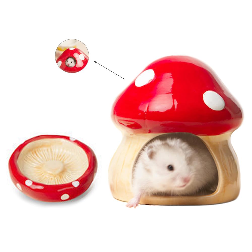 HanryDong Winter Warm Hamster Bed, Small Animals Cotton Mini Pet House, Machine Washable Cozy Hideout, Grey Green Cute Nest Cage for Rats Chinchilla Guinea Pig Hedgehog (hamster ceramic mushroom set)