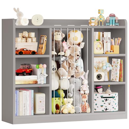 Image of Toddler Stuffed Animal Zoo, Toy Storage Organizer for Playroom, Plush Toy Organizers and Storage, Book Shelf for Kids Rooms, Elastic Band Child Bookcase, Toy Shelf with 8 Storage Cubbies (Grey)