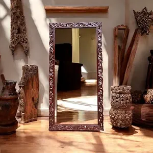 AESTHETIC DECOR 6x3 Wooden Carved Wall Mirror Frame Solid Wood, | with Out Mirror | Flower (Walnut,