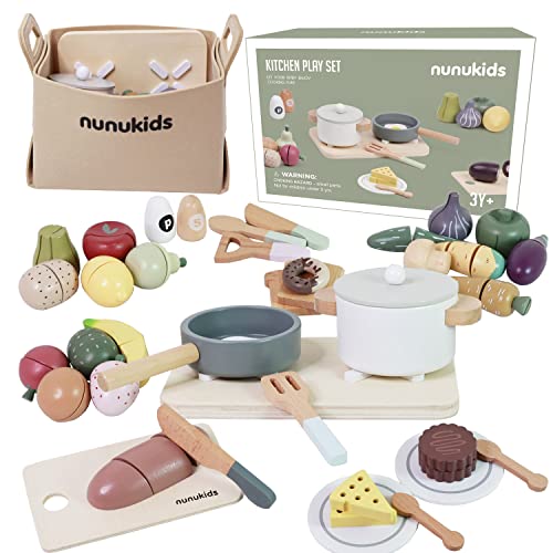 Image of nunukids Wooden Play Food Sets for Kids Kitchen 42 pc Wooden Toys with Storage Basket Wood Pretend Food Play Kitchen Accessories Set