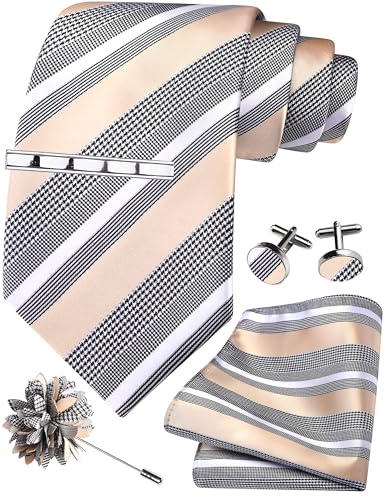 Image of GUSLESON Men's 5-pc Striped Tie Gift Set - Jacquard Necktie, Pocket Square, Cufflinks, Lapel Pin, Tie Clip - Wedding Formal Gifts
