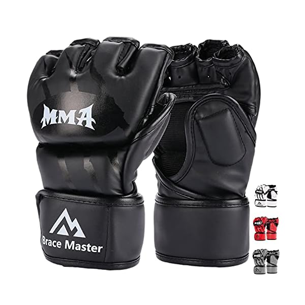 Brace Master MMA Gloves UFC Gloves Boxing Gloves for Men Women Leather More Paddding Fingerless Punching Bag Gloves for Kickboxing, Sparring, Muay Thai and Heavy Bag (Black, Large)