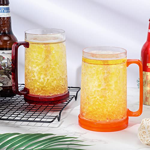 Freezer Beer Mugs With Gel, 16Oz Double Wall Insulated Mug, Plastic Mugs With Handles, Freezer Mug For Beer, Clear Double Wall Gel Freezer Mugs For Bbqs And Parties (Red/Orange/Blue/Green, 6 Pcs) #TOP3