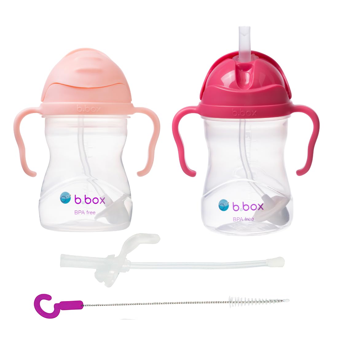 b.box Sippy Straw Cup Pack of 2 with Free Replacement Straw and Cleaner, Tutti Frutti + Raspberry, standard