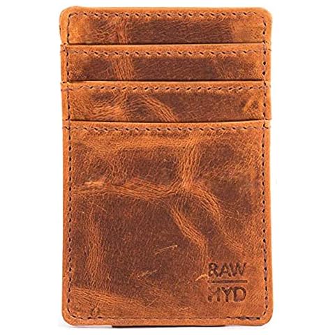 RAW HYD Men's Full-Grain Leather Slim Wallet with Money Clip - RFID Blocking, 5 Card Sleeves, Holds 15 Bills, Compact & Durable - Reddish Brown Cover