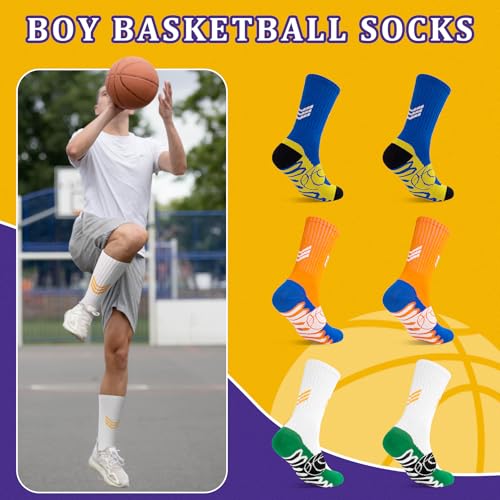 SkiBeaut Boys Socks, Youth Kids Basketball 3 Pairs Mid Calf Athletic Kids Football Soccer Hiking Socks for Boy Girl, 6-8 Years