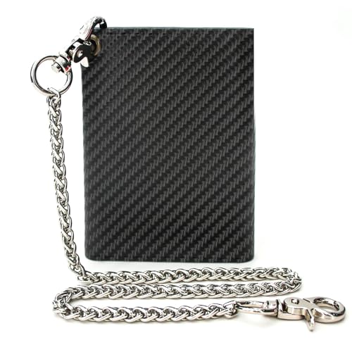 boshiho Mens Wallet with Chain, Carbon Fiber Leather Trifold Wallet, RFID Blocking, Anti-Theft Chain for Biker, Motorcycle