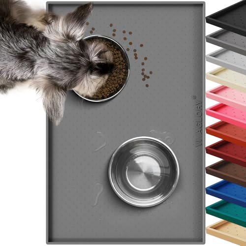 VIVAGLORY Dog Food Mat, Cat Dog Feeding Mat, Waterproof Non-Slip Food Grade Silicone Mat Placemat with Raised Edge, Anti-Messy Pet Bowl Mat for Food and Water, Grey, L(24