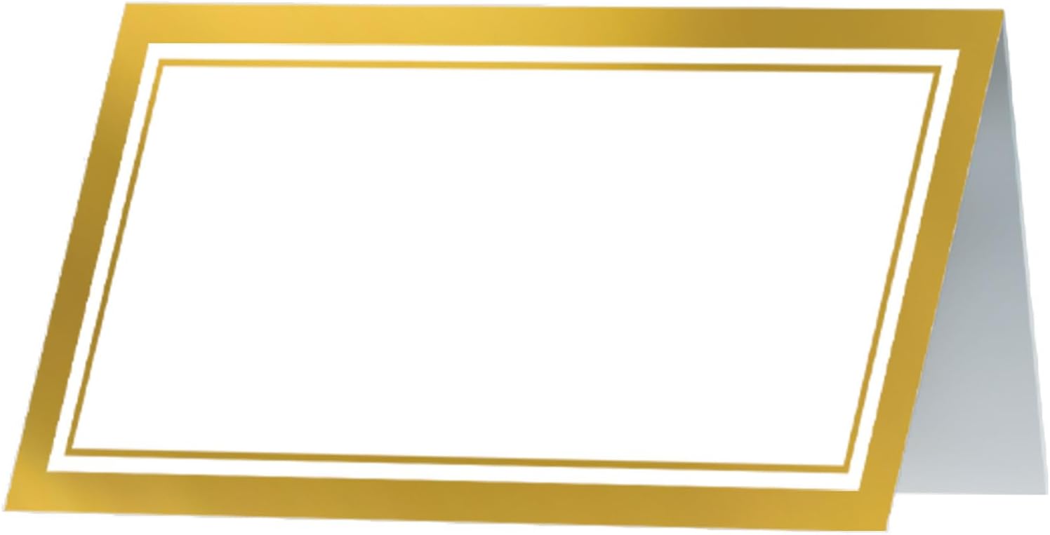 Beistle Gold Border Place Cards – 50 Pack, Folded Table Name Cards with White Center & Metallic Frame, Printed Cardstock Seating Markers for Weddings, Formal Events, Banquets & Celebrations, 2" x 4"