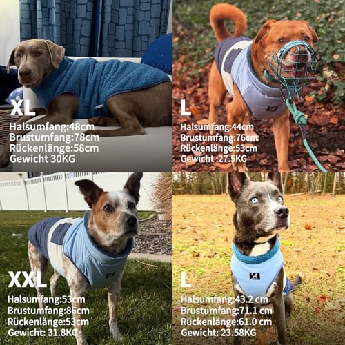 Arblina Hundemantel, Wasserdichter Wintermantel Hund mit Fleece-Futterung für Mittelgroße & Große Hunde, Zweiseitig Tragbarer Winterjacke Hund mit ReißVerschluss, Blau, XXL