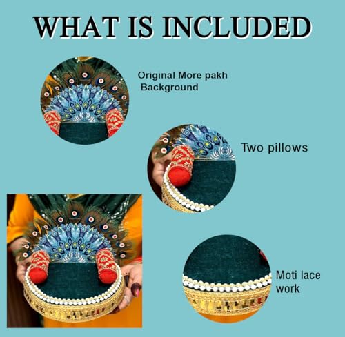 Image of Wood Sofa for Laddu Gopal Ji Size 2, 3 Number (Model- 1)| Laddu Gopal Bethak| Round Singhasan Kanha Ji with Extra 2 Pillows | Bal Gopal Asan, Blue(Size 8x8 inches Base)