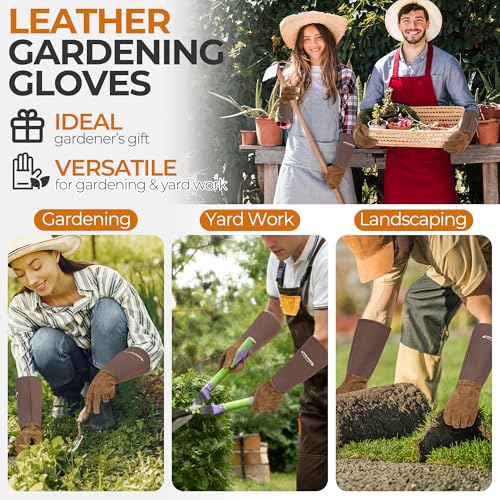 Image of HANDLANDY Rose Pruning Gloves for Men Women, Thorn Proof Gardening Gloves | Long Leather Gardening Gloves, Breathable Leather Gauntlet, Best Garden Gifts & Tools for Gardener (Brown, L)