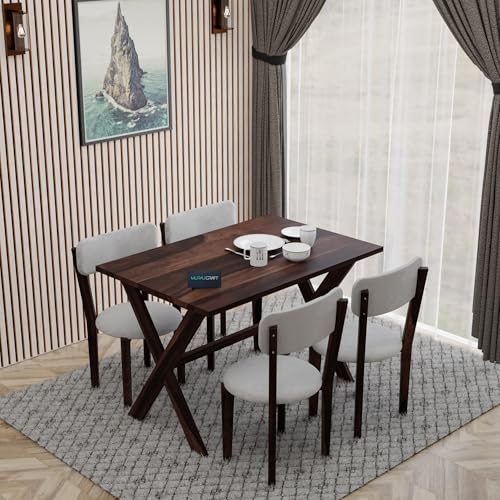 Image of MURALICRAFT Sheesham Wood 45 Inch Dining Table 4 Seater | Four Seater Dinning Table Set with 4 Upholstered Dining Chairs | Table: Criss Cross Design | Chair: Premium Round Edge | Rosewood, Walnut