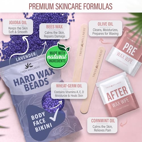 Image of Tress Wellness Waxing Kit for Sensitive Skin - Safe for Face & Skin, Easy to Use - At-Home Kit for Face, Bikini, Brazilian & Full Body - Pink, No Display