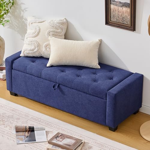Image of Huatean Home 48 inch Ottoman with Storage, Storage Ottoman Bench with Safety Hinge, Upholstered Entryway Bench with Seating for Bedroom, Living Room, Holds up to 330 lb, Blue
