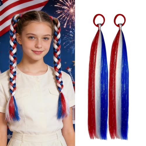 Red/White/Blue Hair Extension Ponytail Hair Tinsel Extensions With Rubber Bands for Women Girls Accessories Mixed Color Daily Festival Party Halloween Wacky Hair Ponytail Extensions 2pcs/lot