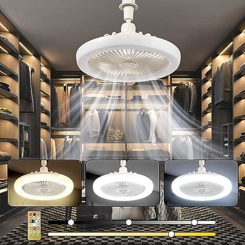 CornerSmith Enclosed Ceiling Fan with Light - Small 10-inch Bladeless Socket Fans with Remote Control, Dimmable LED Lights 3 Gear Wind Speeds for Garage Tool Room/Store Room/Kitchen/Bathroom, FS-01-W