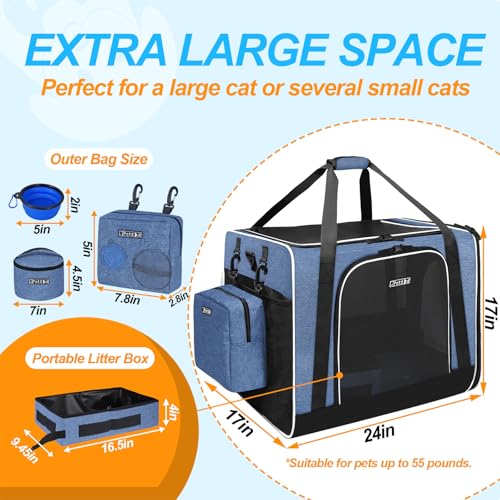 Petskd Extra Large Cat Carrier with Litter Box 24"x17"x17" for Medium Large Cat or 2 Small Cats, Collapsible Soft Sided Pet Carrier for Car Travel with Lockable Safety Zippers(Blue) - Image 3