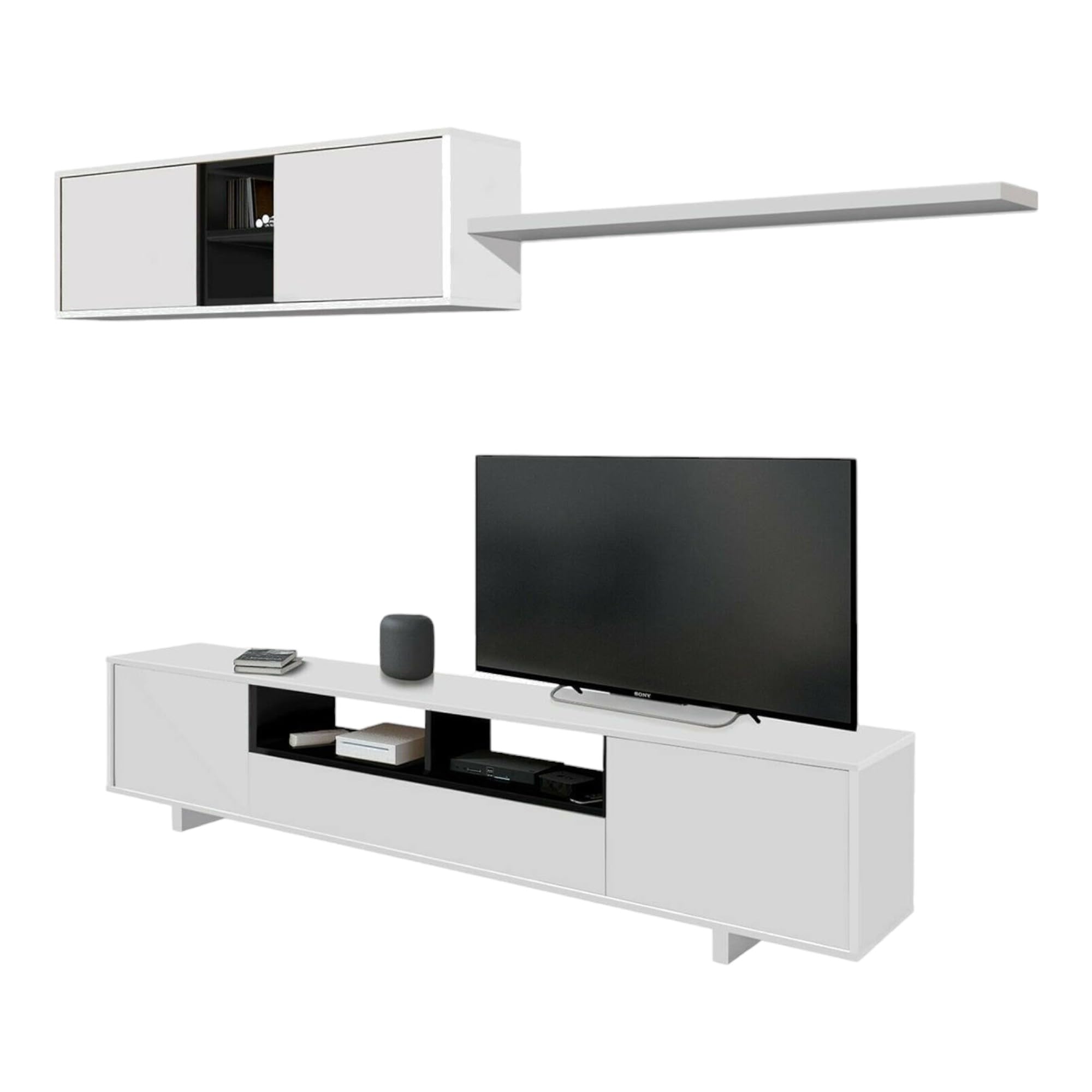 Dmora - Parete attrezzata Hartford, Mobile da soggiorno porta TV, Composizione set salotto, Set salotto con pensile, 200x41h46 cm, Bianco lucido