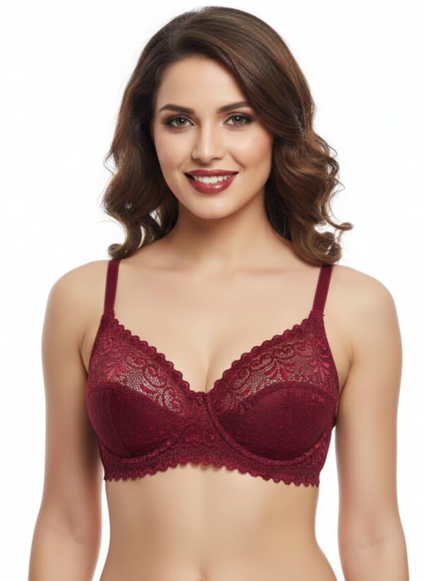 Image of Premium Women's Floral Lace Non-Padded Full Coverage Bra - Wire-Free Support Bralette in Nude