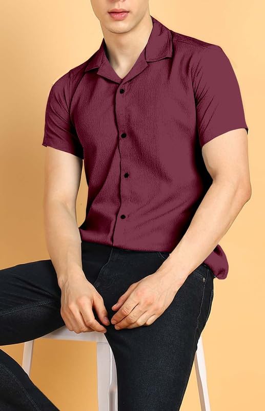 Image of COMBRAIDED Men's Solid Cotton Blend Half Sleeve Shirt - Regular Fit Casual Button-Down Shirt for Office & Travel - Summer & Spring