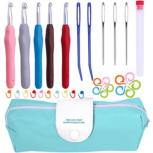 Crochet Hooks, Crochet Hooks Kit, Ergonomic Handle Crochet Hooks Knitting Needles, Crochet Hooks Set with Large-Eye Yarn Needles, Plastic Stitch Markers