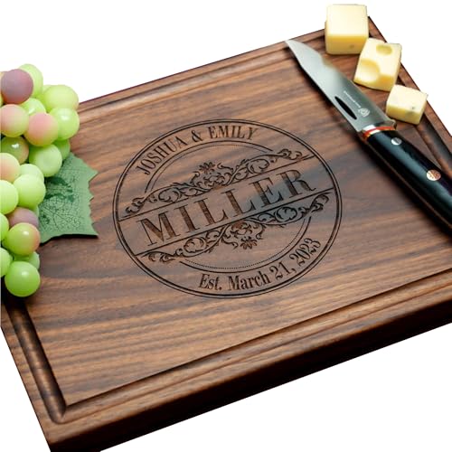 Straga Personalized Cutting Boards | Handmade Wood Engraved Charcuterie | Custom Wedding, Anniversary, Housewarming Gift for Couples or Newlyweds (Round Stamp Design No.010) miniatura 1