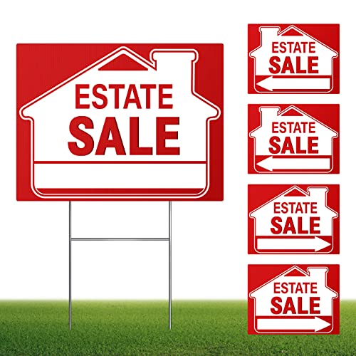 [5 Pack] Estate Sale Signs Set - 16 x 12 Inch Double-Sided Yard Signs With Arrows and Metal H Stakes - Property Sale Directional Signs - Weather-Proof