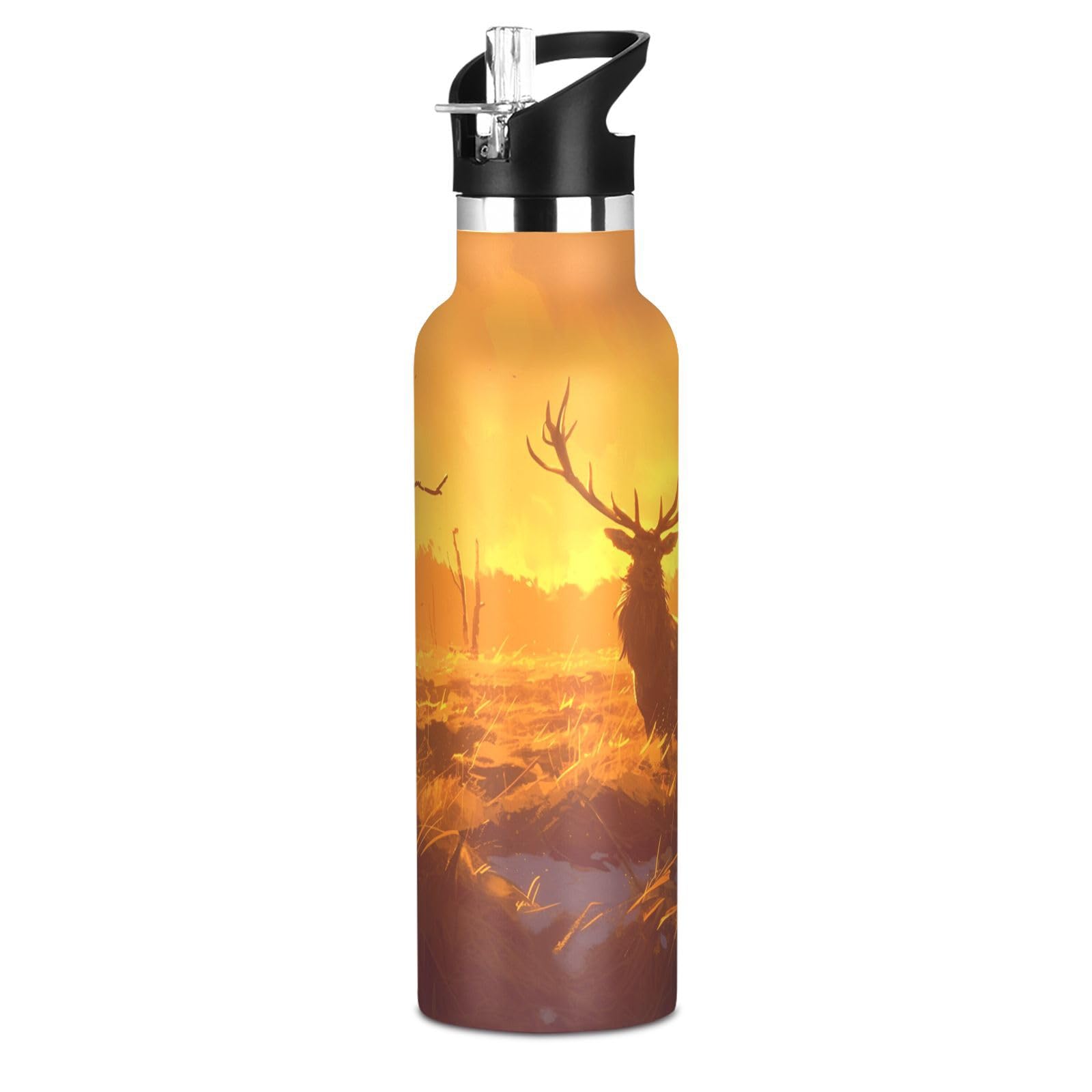 Kaaviyo Boys Pattern Brown Deer Golden Sunset Light Water Bottle Stainless Steel Jug Insulated Vacuum Cup For Girls(600Ml)