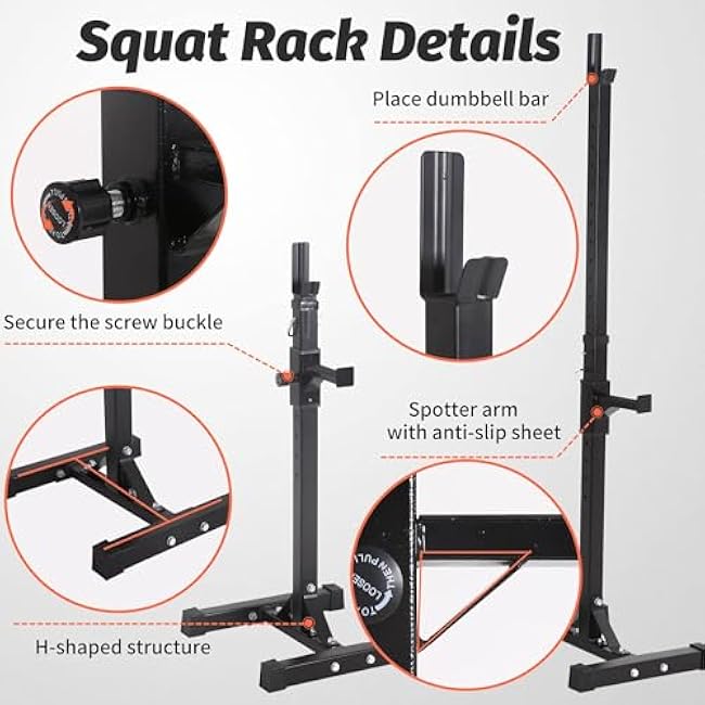 PayLessHere 550LBS Adjustable Squat Rack 40-66, Sturdy Steel Squat Barbell Stand with Bench Press Holder for Home Gym, Portable Weight Rack