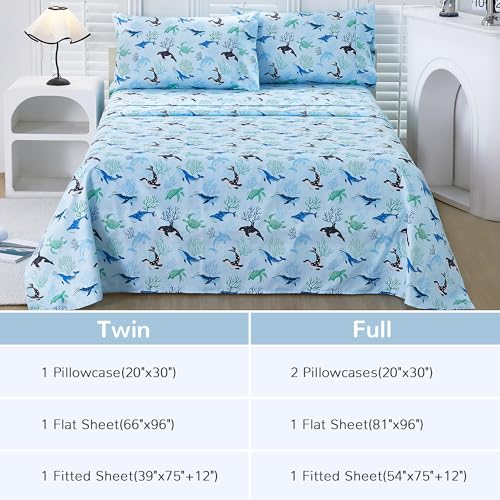 Image of Viviland 3 Pieces Boys Blue Ocean Twin Sheet Set - Soft Microfiber Fitted Flat Sheets & Pillowcase - Blue Ocean Whales, Sea Turtles, Marine Organisms Bedding Sets - for Kids & Toddlers