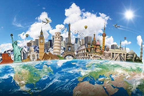 Yeele15x10ft Around The World Background for Photography Globe Travel Famous Landmark Worldwide Vacation Photo Backdrop Wedding Newlywed Honeymoon Baby Portrait Shoot Studio Props Wallpaper