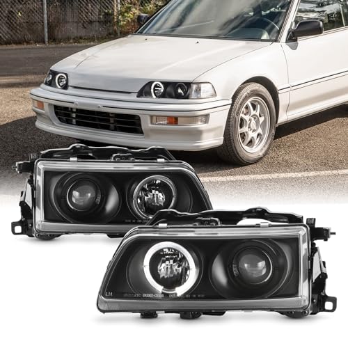 AKKON - For Honda Civic CRX Black Bezel Halo Ring Design Projector Headlights Front Replacement Left + Right