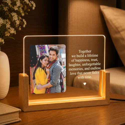 Image of Giftplease Personalized LED Acrylic Photo Frame with Custom Picture and Message Engraved Night Lamp Wooden Base USB Powered Couple Keepsake Home Decoration Anniversary Wedding Birthday Memory