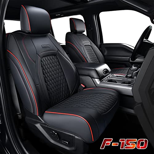 Ford F150 Seat Covers Front Set, Full Coverage Luxury Car Seat Cover Waterproof Faux Leather Protector Pickup Truck Accessories Fit for 2015-2022 Ford F150, 2017-2022 F250 F350 F450 All Cab, Red/Black
