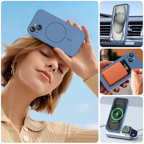 Image of Miracase Magnetic for iPhone 15 Plus Case, [Soft Anti-Scratch Microfiber Lining], Compatible with MagSafe, Liquid Silicone Shockproof Drop Protection Phone Case for 15 Plus, Glass Blue