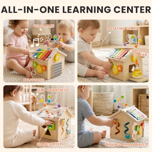 Image of 9-in-1 Wooden Activity Cube, Montessori Baby Activity Center Toys for 1+ Year Old Boys & Girls, Farm Theme Baby Cube with Car Toys & Shape Sorter, Educational Toy for Toddlers, Ideal Baby Gifts