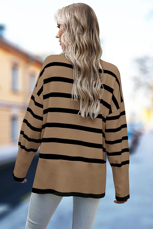 Image of Women's Turtleneck Oversized Sweaters Long Sleeve Split Hem Striped Knit Pullover Tops
