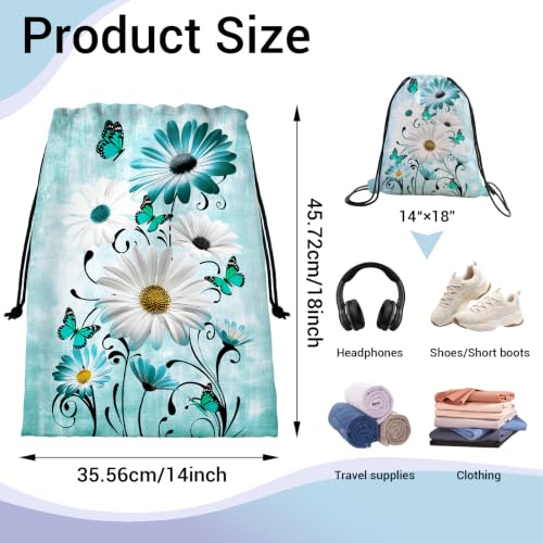 Image of Storage Bag With Drawstring Daisy Flower Butterfly Green Pouch for Outdoor Hiking Sport