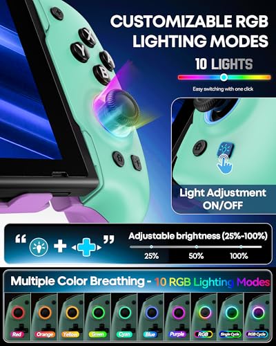Image of Switch 1 / 2 Controller for Original / OLED / Switch 2 Console,Stretchable Switch Handheld Joypad Ergonomic Grip for Nintendo Pro Controller with RGB Lighting, TMR Joystick, Turbo, 4 Macro,Green & Purple